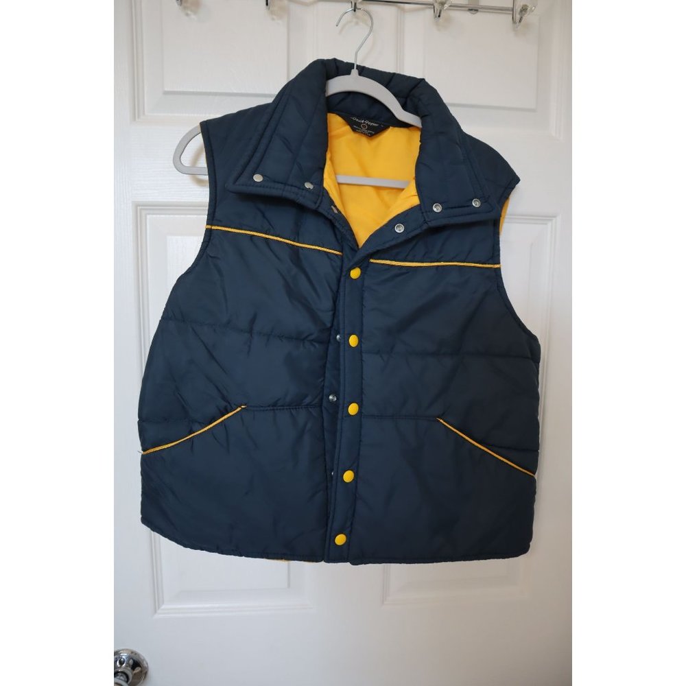 David Peyser Mens Large Snow Vest PUFFER Snap Vintage 1980s Navy Yellow